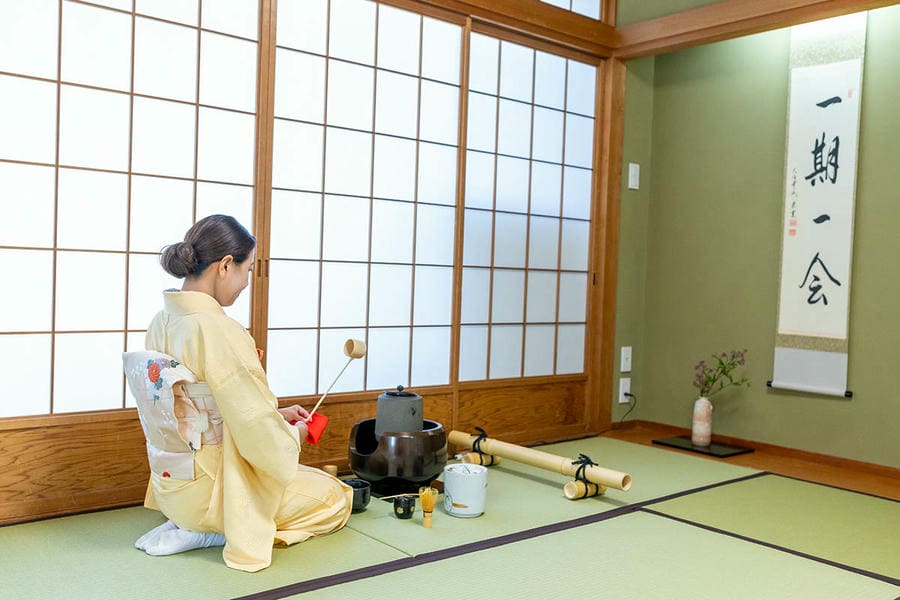 Making matcha in an authentic tea room