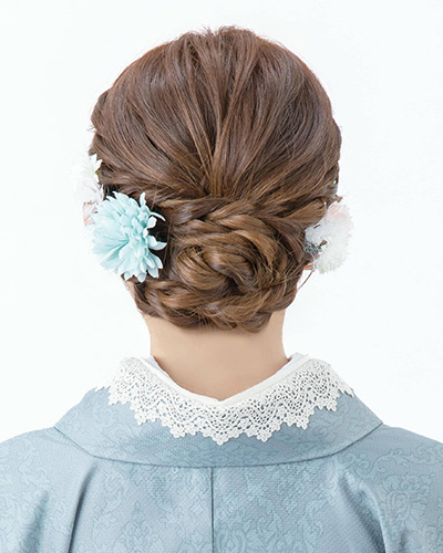Textured rope braid updo styling offered at our premium Kyoto Kimono Rental shop.